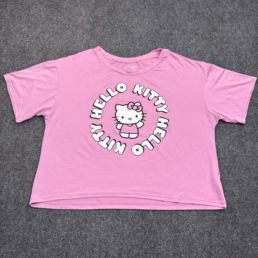 Sanrio Hello Kitty Crop Top Womens Size Large Pink Big Logo Graphic Tee